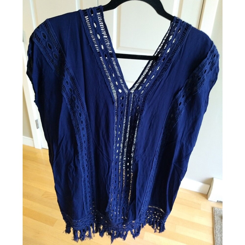 RAVIYA Cover Up Beachwear V-Neck Dress Summer‎ Blue Eyelets Braided Fringe Small